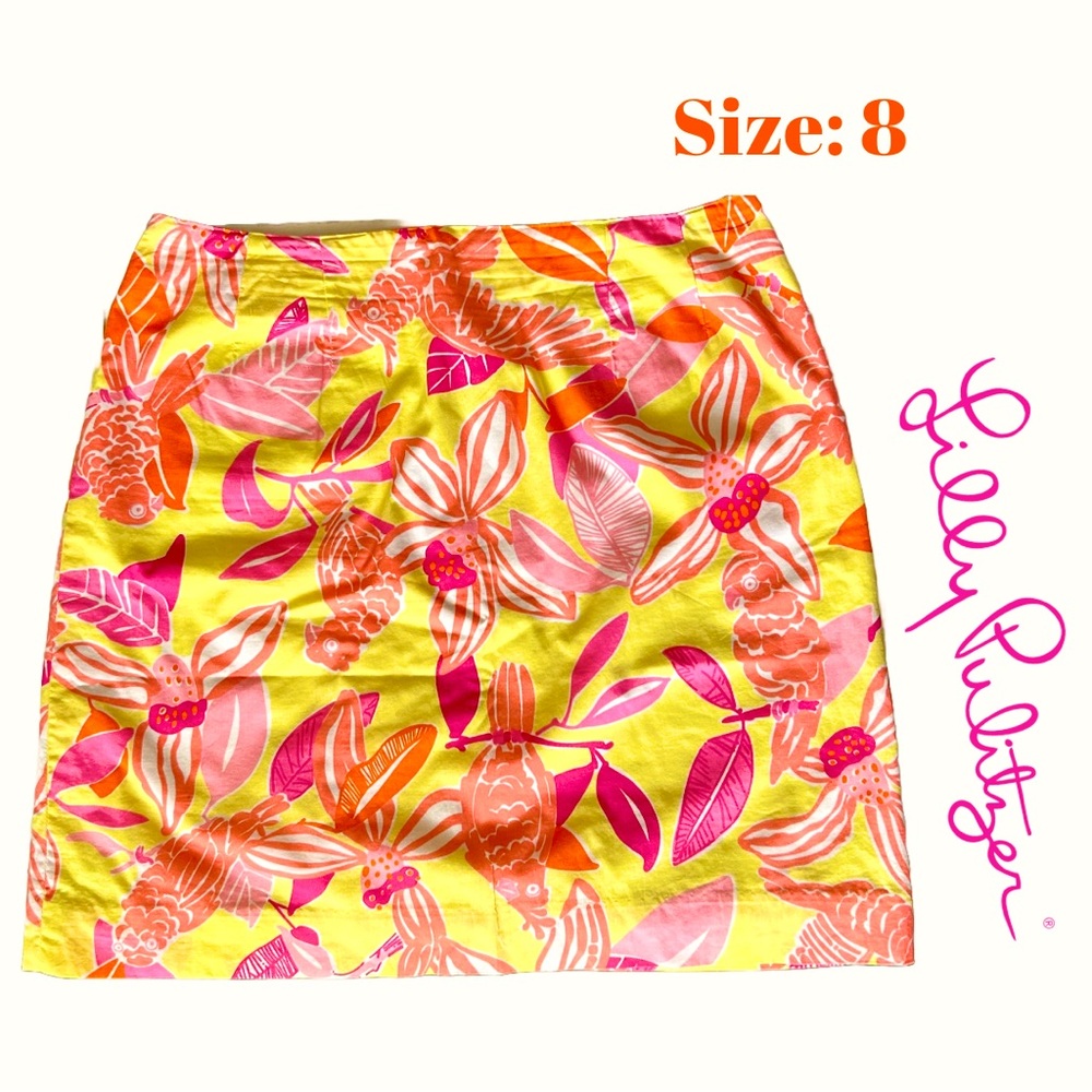Vintage Lilly Pulitzer Yellow Skirt Orange/ Pink/ Hibiscus and Birds, Size 8
